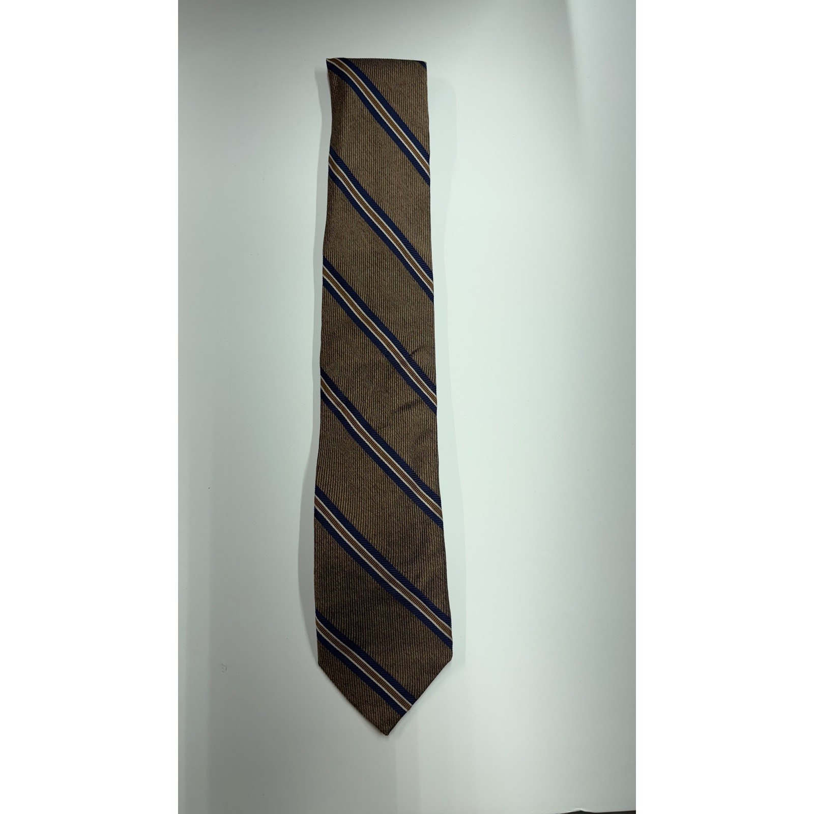 Altea Milano Mens Silk Tie Tan Navy Blue White Diagonal Stripe Made In Italy
